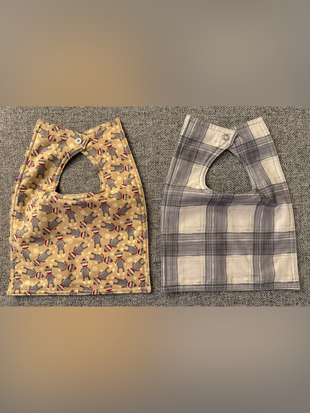Set of 2 NEW hand-sewn bibs - Monkey/Plaid